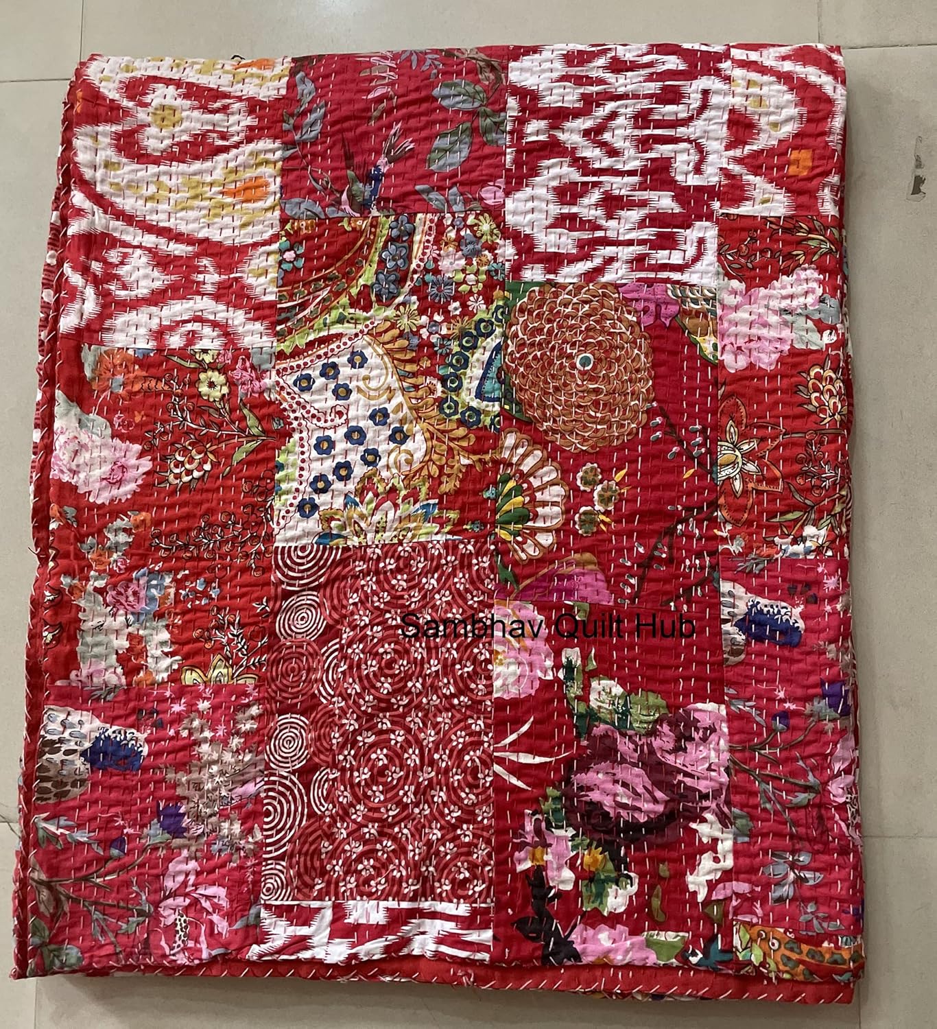 Red Handblock Multi Floral Assorted Cotton Patchwork Kantha Quilt Home Decorative Handmade Patch Quilted Twin Size Bohemian Bedding Throw Blanket Vintage Quilt