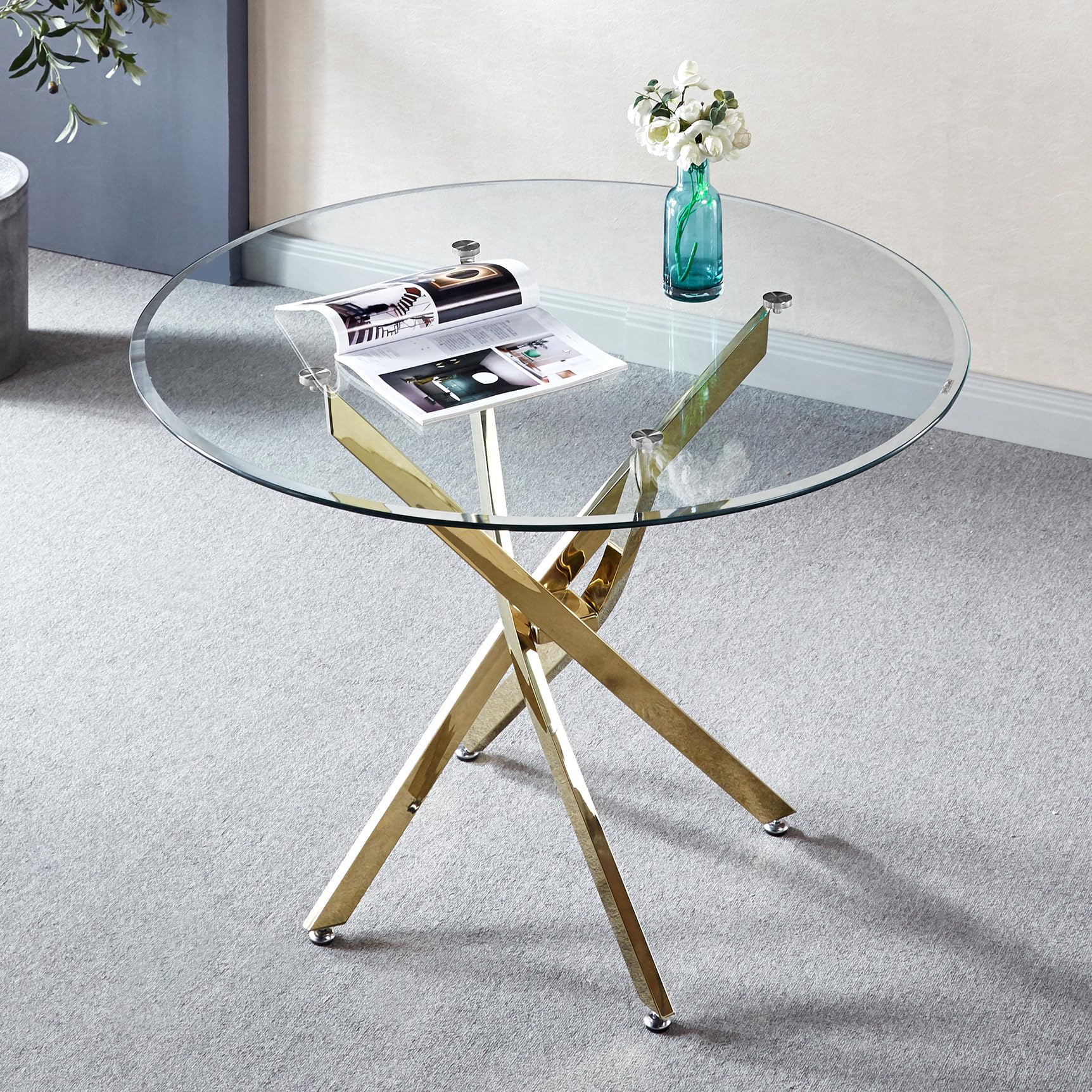TehRecBT Modern Glass Dining Table Round Dining Room Table with Tempered Glass Top, Gold Stainless Steel Base Home Office Kitchen Dining Room Table
