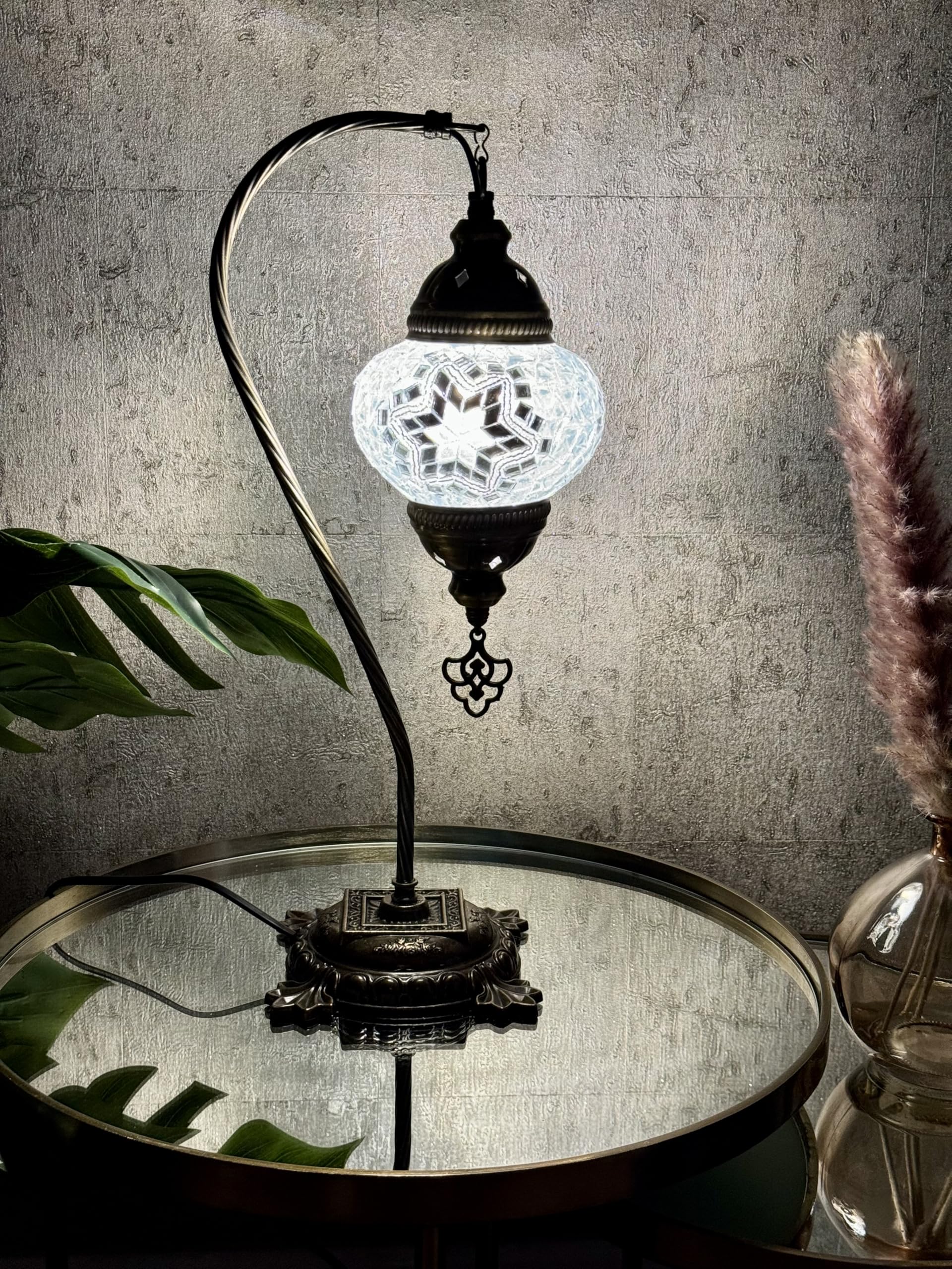 Lightza Handmade Turkish Moroccan Mosaic Desk Lamp LED Bulb | Swan Neck Unique Globe Lampshade Table Light | UK Tested Safe Energy Efficient (Pure White) โ image 1