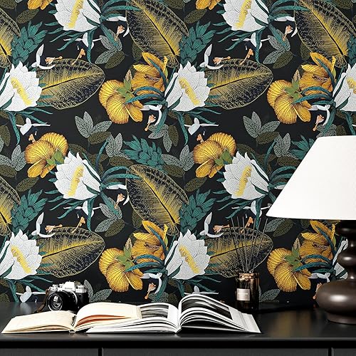 Miniatura 10 de Papel tapiz floral azul marino, rosas doradas, papel tapiz vintage negro claro, papel adhesivo autoadhesivo para revestimiento de estantes, rollo de