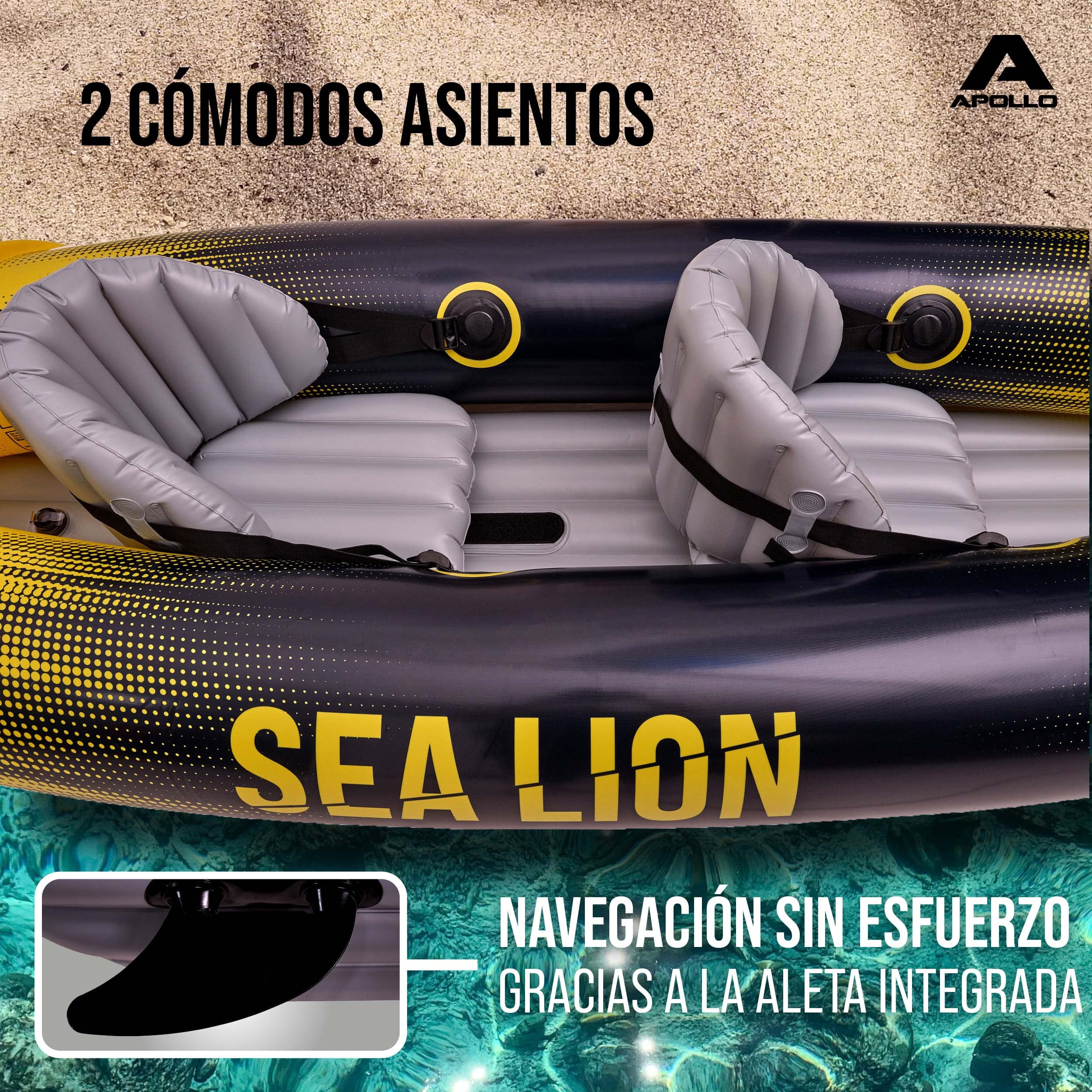 Apollo Kayak Hinchable 2 Plazas Sea Lion | Kayak Hinchable Muy Espacioso 312 x 91 x 51 cm | Canoa Estable y Ligera | Kayak 2 Plazas Cómodo y Manejable | Listo para Usar