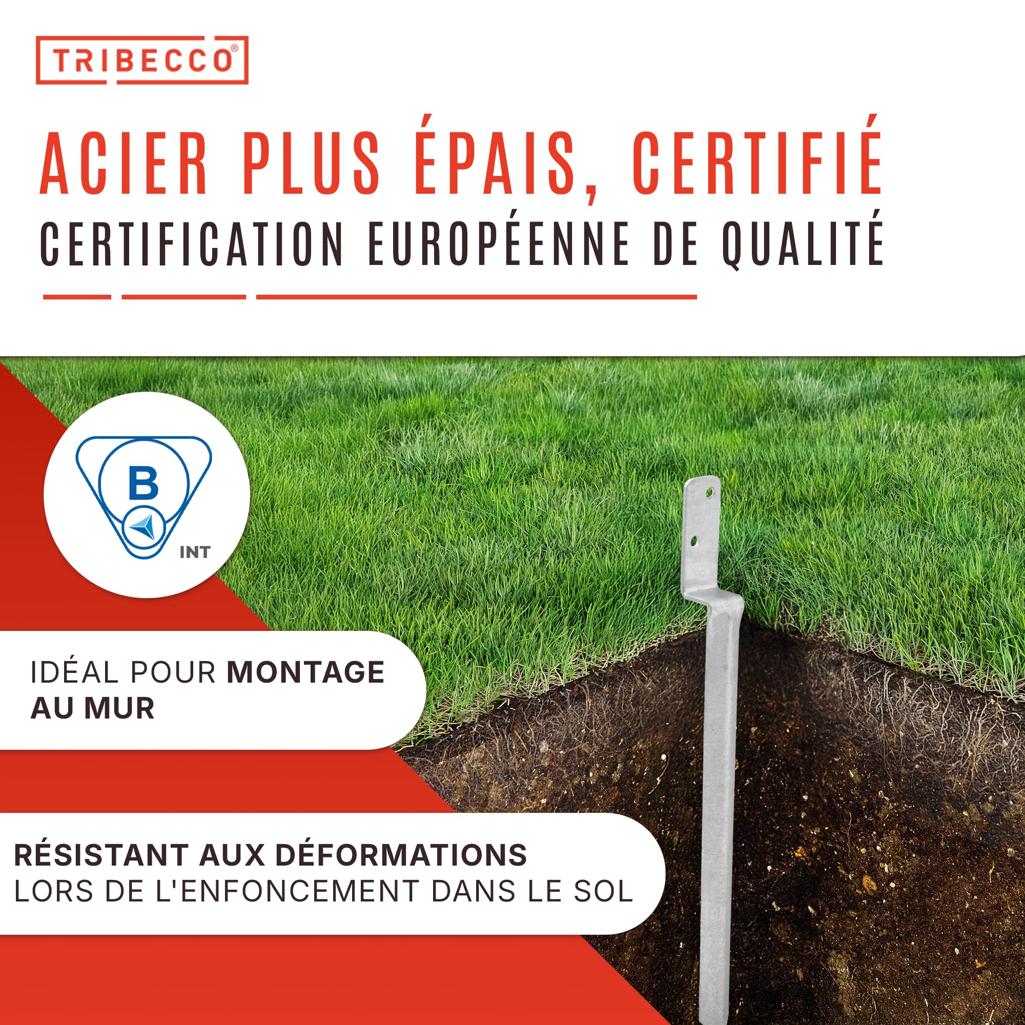 TRIBECCO Douille de sol à enfoncer en forme de L pour poteaux en bois carrés. Dimensions : 40 x 530 mm. Support de poteau en L à enfoncer dans le sol. Chaussure de support universelle en L en acier