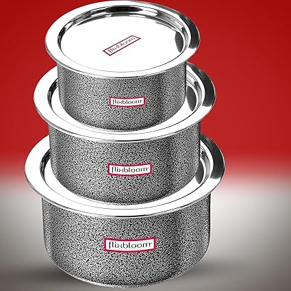 Flixbloom Max Cook Plus Serve Hard Anodised Induction Base | Gas Stove Friendly Kitchen Cookware | Deep Cooking Tope/Patila/Bhagona/Container Utensil (Tope with Lid, 1L+2L+3L cookware Set)