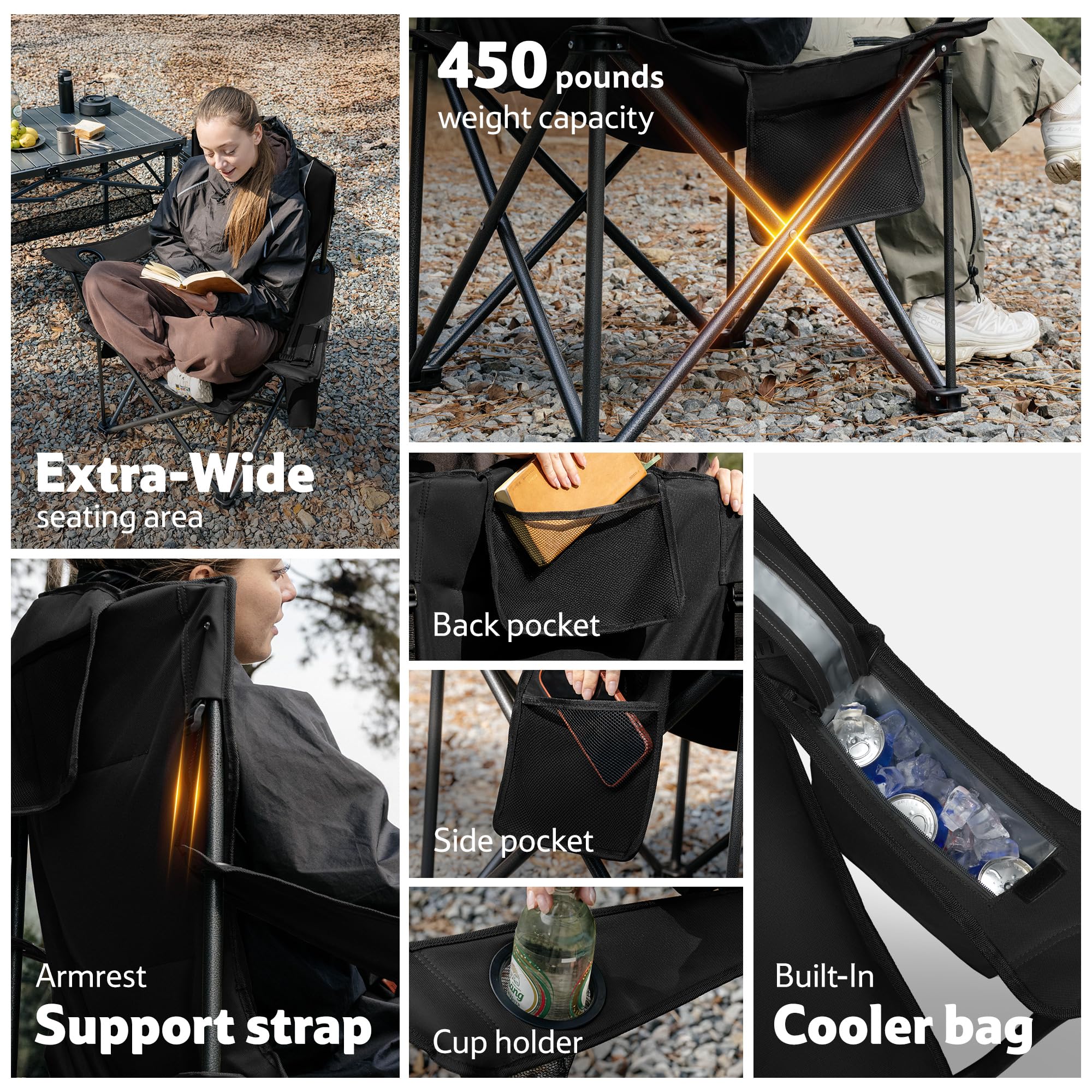 Naturehike 2 sillas de camping portátiles plegables de 200 kg, acolchadas, con soporte para bebidas, silla de pesca, pícnic, jardín, exterior, playa (negro)