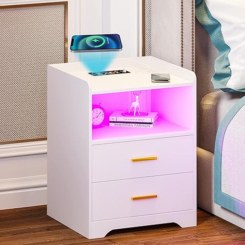 Gurexl Mesita de noche RGB con estación de carga inalámbrica y puertos USB, sensor automático LED de 24 colores regulables para muebles de