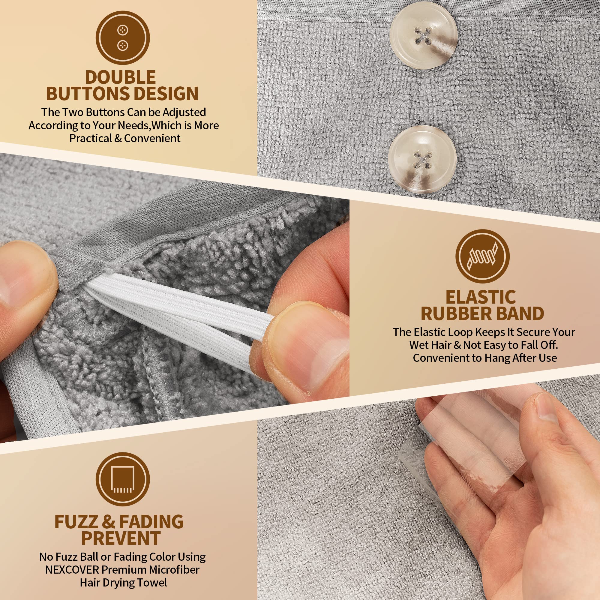 NEXCOVER Mikrofaser-Haartuch, 2 Stück (Grau), 24,9 x 64,8 cm, Haarturban, ultra-saugfähig, schnell trocknend, Haartuch, Kopftücher für Frauen, nasses Haar, lang, lockig, dick, krauses Haar