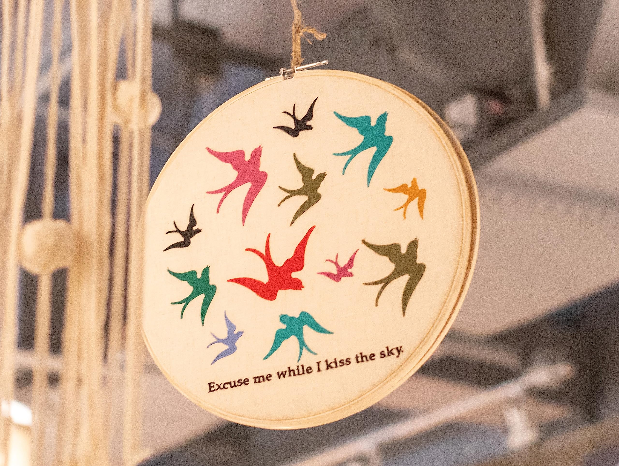 Sugarboo Boho Decor Embroidery Hoop Art - Excuse Me While I Touch The Sky Design - Perfect for Home, Kitchen, Bedroom, or Office Decor - 16 inches Diameter