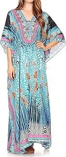 Sakkas Georgettina Flowy Rhinestone V Neck Long Caftan Dress/Cover Up