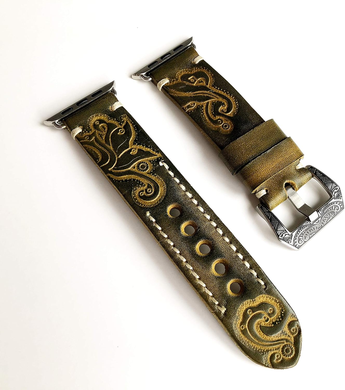 Green with Yellow Tooled Embossed Genuine Leather Premium Band Strap Bracelet with Engraved Buckle Compatible with Apple Watch 38mm 40mm 41mm All Series 9 8 7 SE 6 5 4 3 2 1