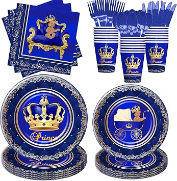 Royal Prince Baby Shower Decorations Party Tableware Boys - Blue Gold Little Prince Baby Boy Decorations Supplies, Plate, Napkin, Cup, Cutlery, Prince Baby Boy Table Decorations | Serve 24