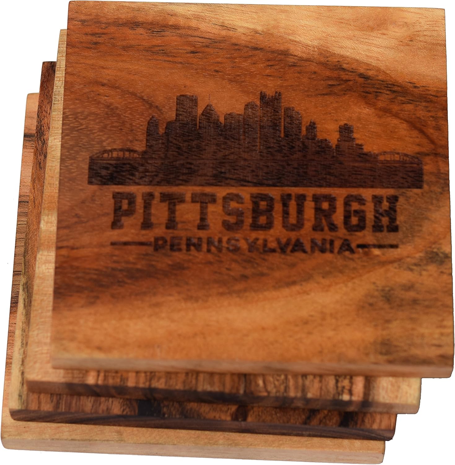 Pittsburgh Coasters, Pittsburgh Skyline Drink Coasters – Pittsburgh Gifts & Souvenirs, Engraved Acacia Wood Coasters with Pittsburgh Skyline – Pittsburgh Themed Gifts, Pennsylvania Gifts (Set of 4)