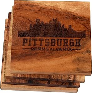 Pittsburgh Coasters, Pittsburgh Skyline Drink Coasters – Pittsburgh Gifts & Souvenirs, Engraved Acacia Wood Coasters with Pittsburgh Skyline – Pittsburgh Themed Gifts, Pennsylvania Gifts (Set of 4)