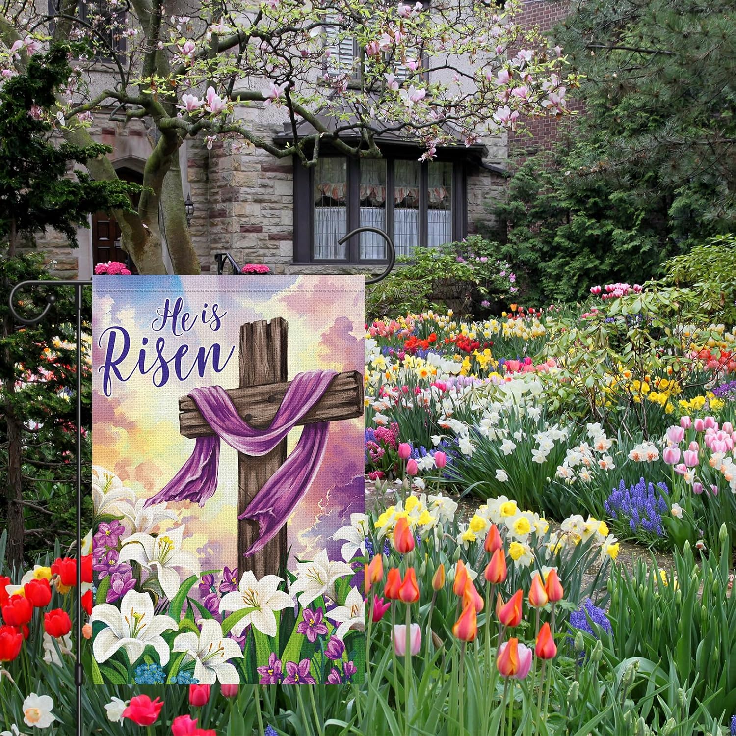 Heyfibro He is Risen Easter Cross Garden Flag 12x18 Double Sided Burlap, Lily Flower Spring Yard Banner for Holiday Farmhouse Jesus Religious Outdoor Decor(ONLY FLAG) - Image 3
