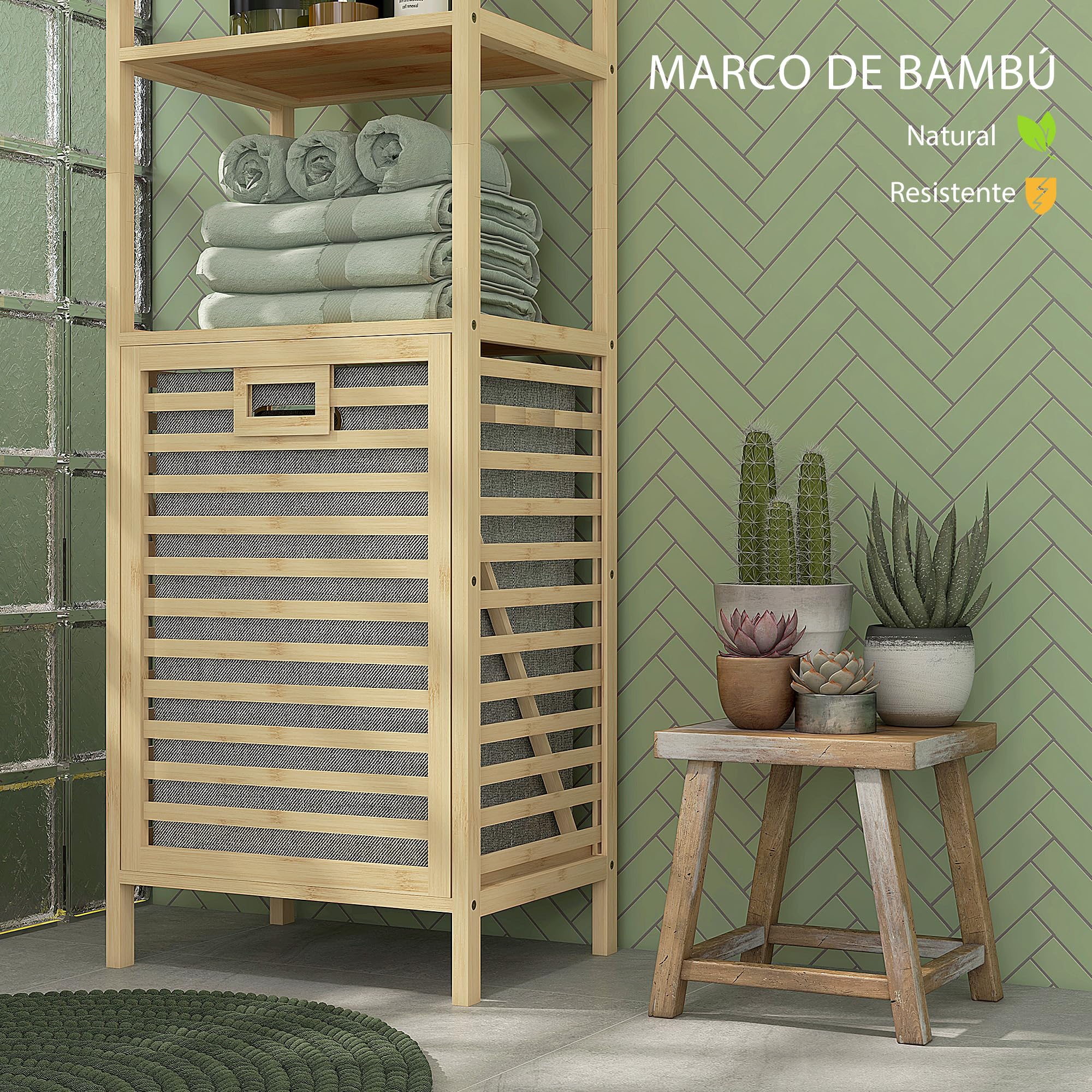HOMCOM Estantería de Baño de Bambú Estantería de Almacenaje Mueble de Baño con 3 Estantes y 1 Cesto para Ropa Sucia Desmontable 44x33x160 cm Natural