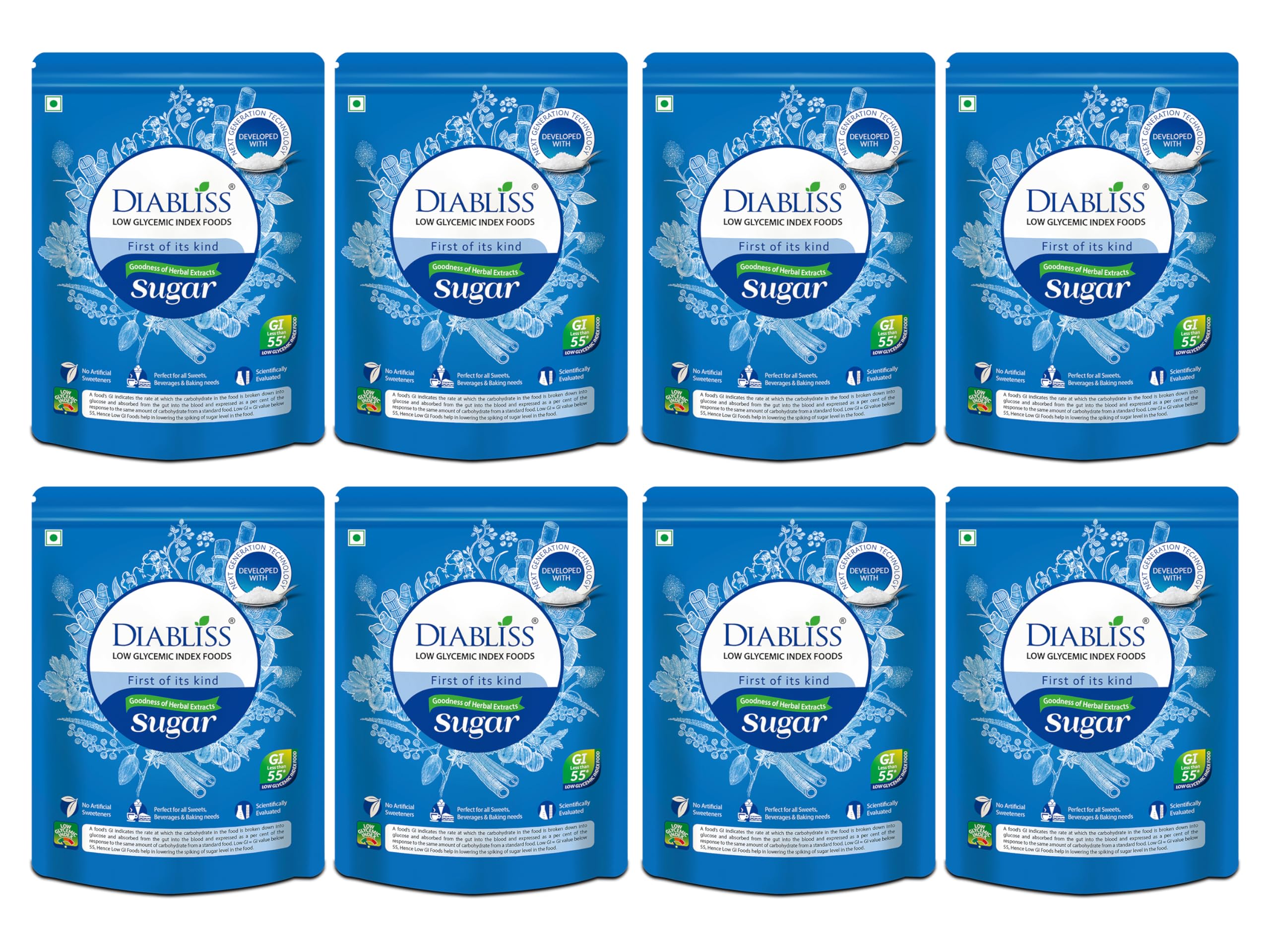 Diabliss Herbal Cane Sugar - Free from Chemicals/Artificial Sweeteners - Low Glycemic Index (GI) - 500g Pouch (500 g (Pack of 8))