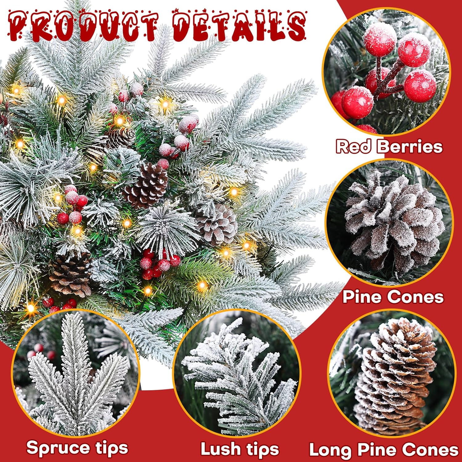 Noverlife 2 Packs Christmas Tree Frosted Urn Filler, 26 Inches Pre-lit Snowy Xmas Pine Tree Planter Pots Filler with Cones & Berries, Outdoor Artificial Tree with 50 LED Lights (Not Included Planter)