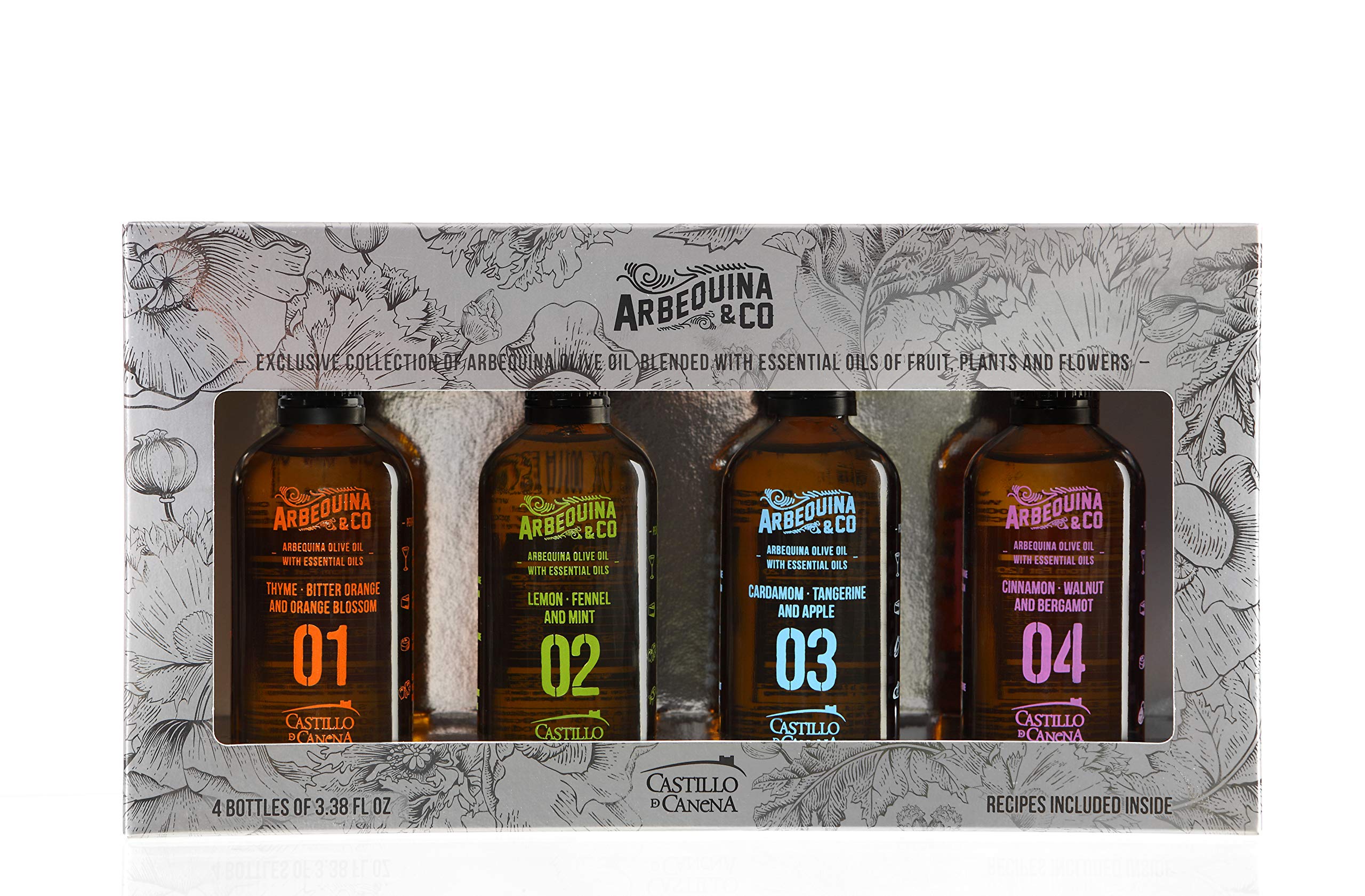 Castillo de Canena - Colección Arbequina & Co. - Aceite de Oliva Virgen Extra Infusionado con Aceites Esenciales - AOVE Arbequina - Aromas Únicos - Cócteles, Quesos y Postres - 4 Botellas x 100 ml