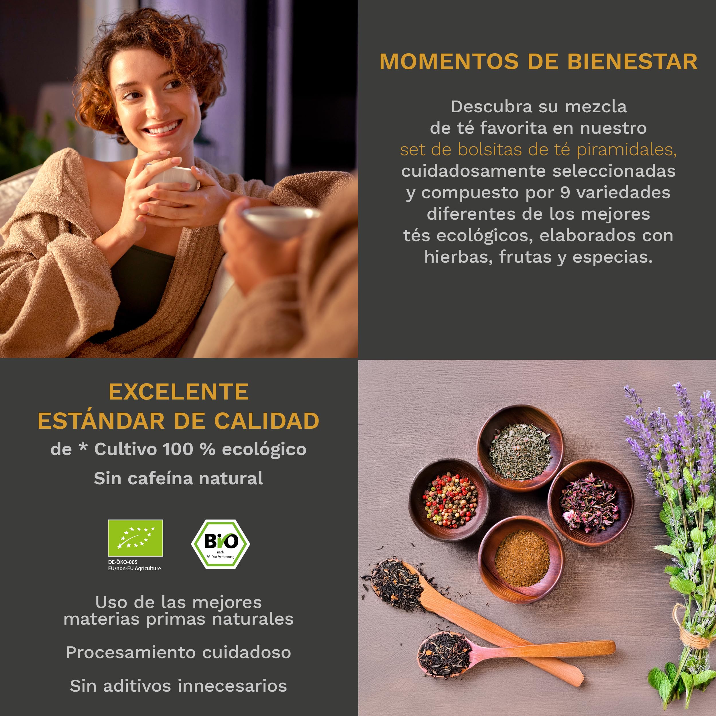 Creano Set de Regalo Té Bio Infusión Hierbas 24 Bolsitas Piramidales 9 Variedades Sin Cafeína