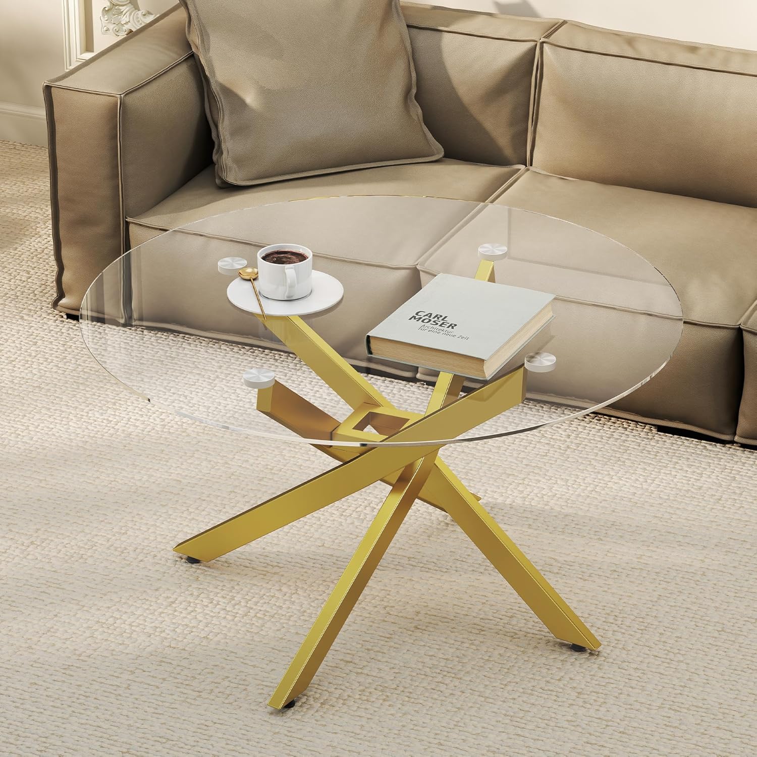 Glass Coffee Table, Round Coffee Table with Geometric Gold Metal Frame, Modern Minimalist Coffee Table for Decoration, Coffee Tables for Living Room, Study Room, Office