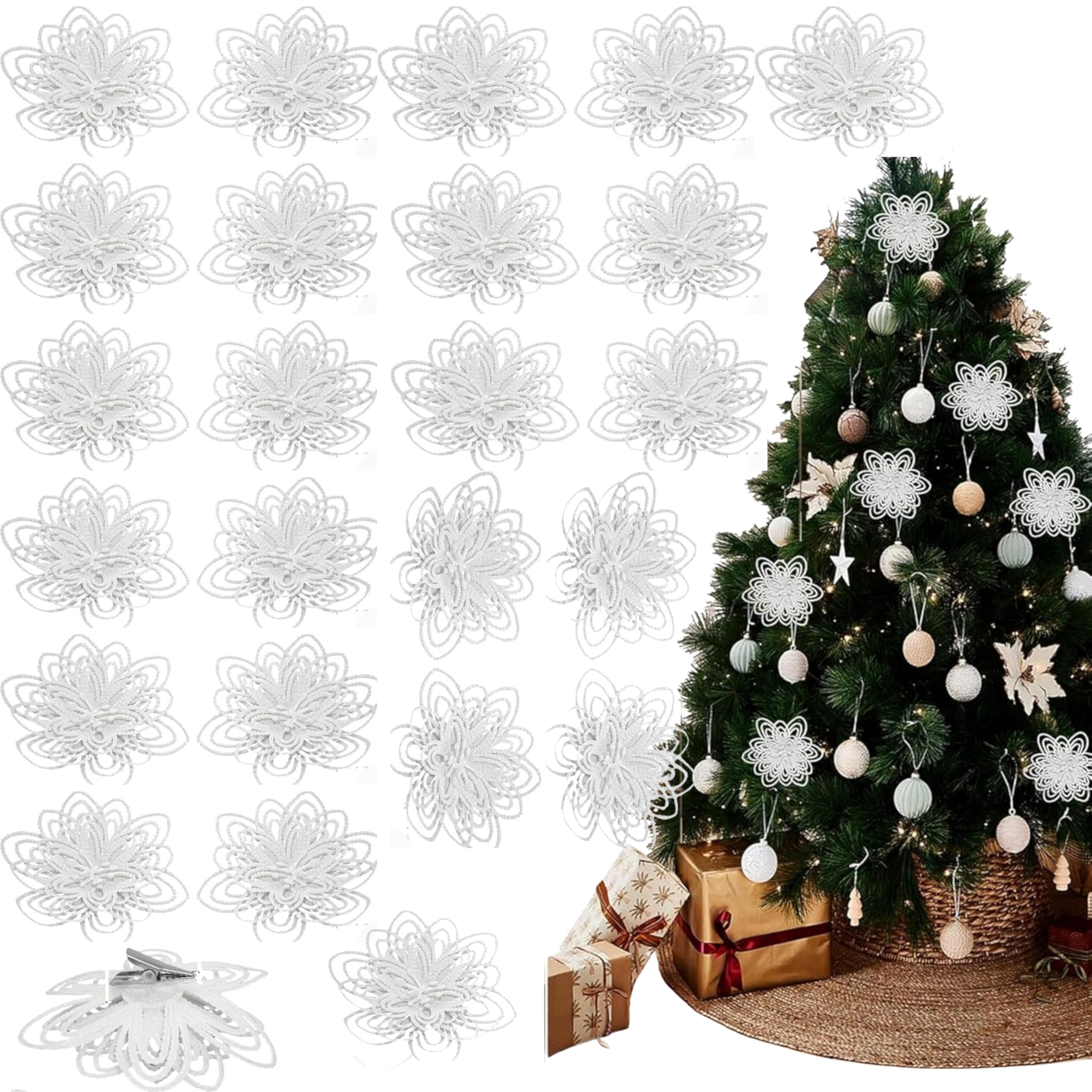 Srvertex 24X White Flowers Artificial Poinsettia Christmas Tree Ornaments – 24 White Glitter Flowers With Clips For Xmas Tree, Wreath & Festive Decorations