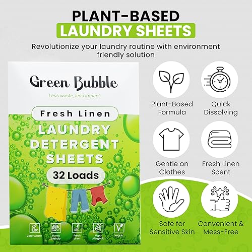 Miniatura 2 de Hojas de detergente ecológico, aroma de lino fresco, sin plástico, ideal para viajes, a base de plantas, 32 lavados, tiras de sábanas de lavandería