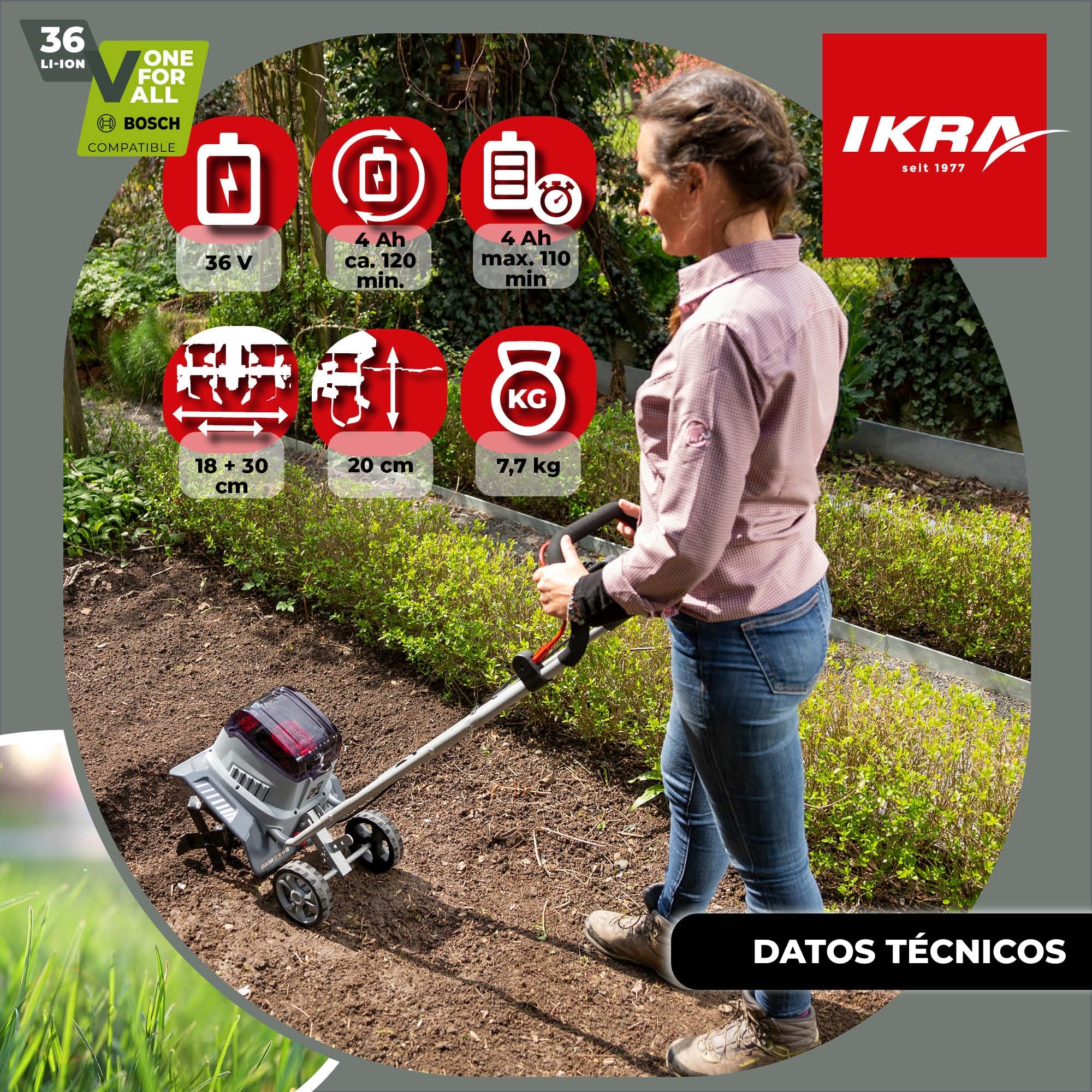 IKRA motoazada IB-TC 36, sin batería de 36 V ni Cargador | Compatible con Bosch, motor sin escobillas, 2 anchos de trabajo de 18-30 cm, profundidad de trabajo de hasta 20 cm
