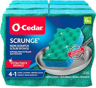 O-Cedar Scrunge Non-Scratch Scrub Sponge Pack of 6 - Odor-Resistant, Multi-Use for Kitchen & Bathroom, Lasts 20% Longer