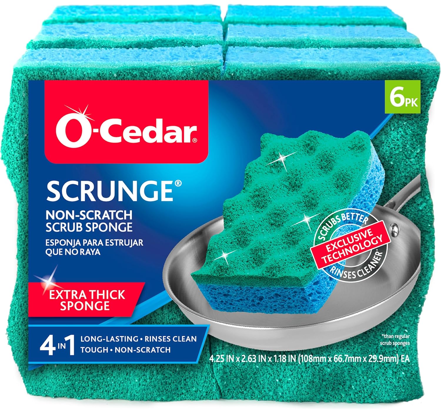 O-Cedar Scrunge Non-Scratch Scrub Sponge Pack of 6 Multi-Use All-Purpose Odor-Resistant Scrubbing Sponge Safely Cleans All Hard Surfaces
