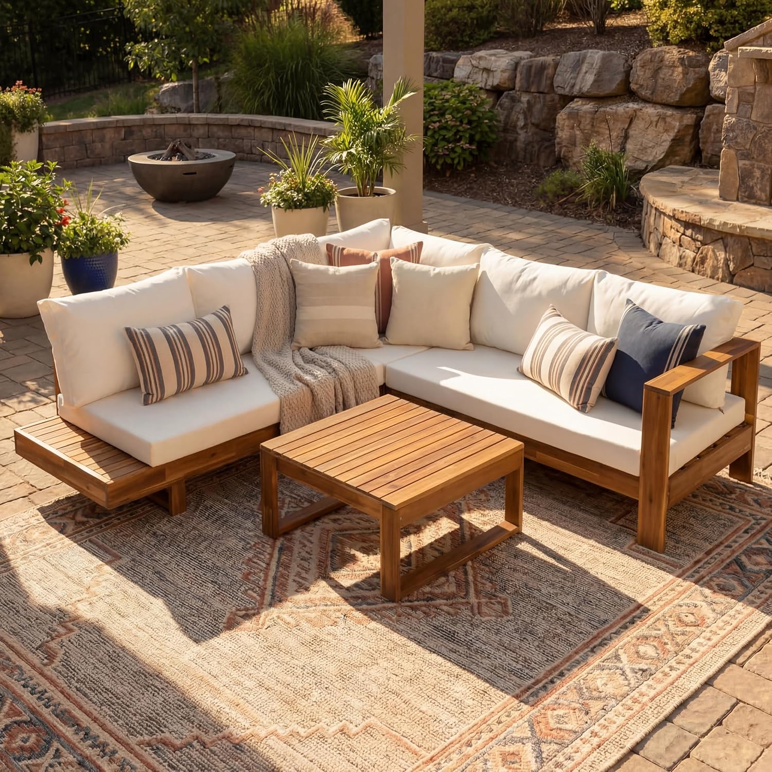 Christopher Knight Home Tenny 5-Seater Acacia Wood Patio Furniture Set, Outdoor Conversation Set with Coffee Table, Patio Sectional Sofa Set for Backyard/Balcony, Teak+Beige