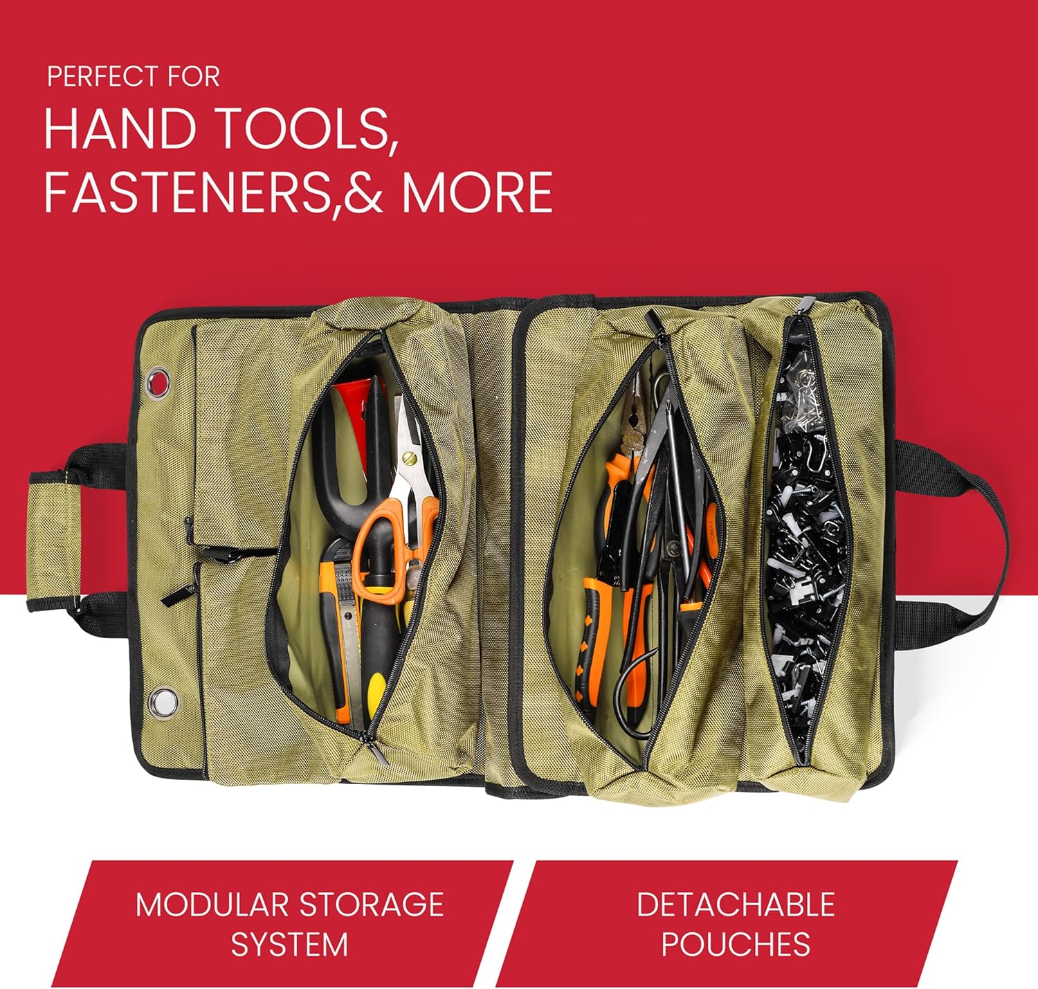 Tool Roll Bag w Aluminium Buckle. Heavy Duty Tool Roll Organizer. Organize Camping Essentials. Mechanics & Motorcycle Tool Bag w Detachable Pouches. Mens Gifts for Him - Mechanics