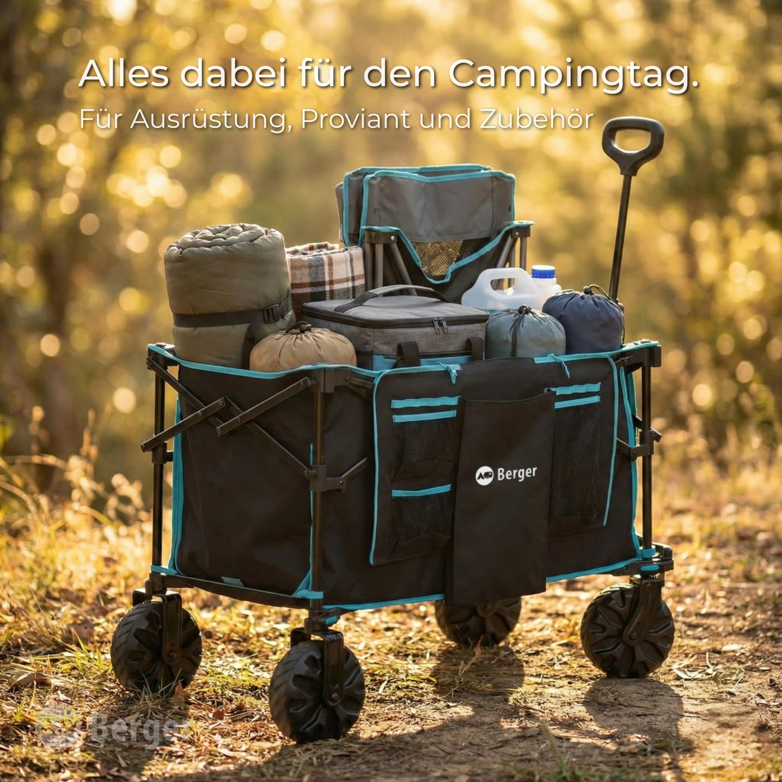 BERGER Waimea Offroad Bollerwagen | Transportwagen klappbar mit verstellbarem Griff & 360° drehbare Vorderräder | Handwagen für Gelände Outdoor Camping Einkaufen