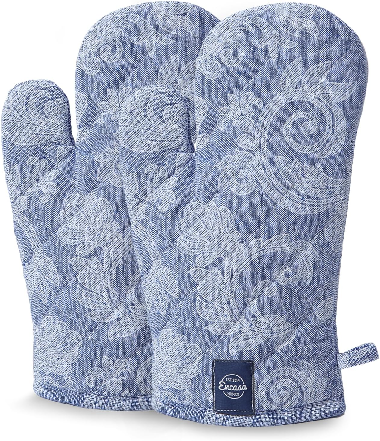 Encasa XO Oven Gloves Heat Proof | Microwave Cooking Mittens for Baking & Kitchen Use | 18x30 cm | Cotton Utensil Holder - Chambray Fabric (Pack of 2 - Blue)