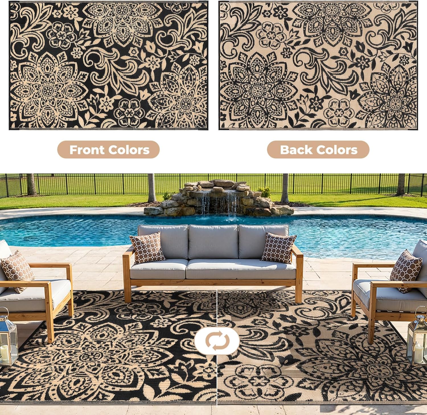 Findosom Waterproof Outdoor Rug 5' x 8' - Reversible Mandala Outdoor Plastic Straw Rug, Durable Foldable Patio Rug for RV, Deck, Balcony, Backyard, Picnic, Porch, Camping, Beach, Black