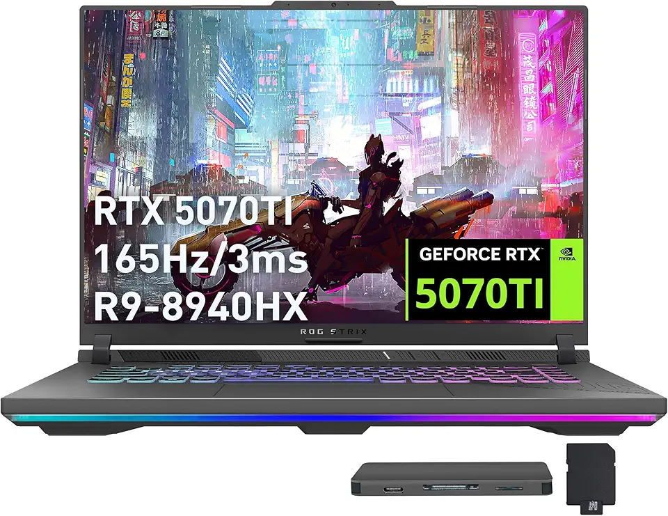 ASUS ROG Strix G16 Gaming Laptop, GeForce RTX 5070 Ti 12GB GDDR7, AMD Ryzen 9 8940HX, 64GB DDR5, 2TB SSD, Backlit Keyboard, Wi-Fi 6E, 16" WUXGA 165Hz Display, Win 11, Gray, 1TB Docking Station Set