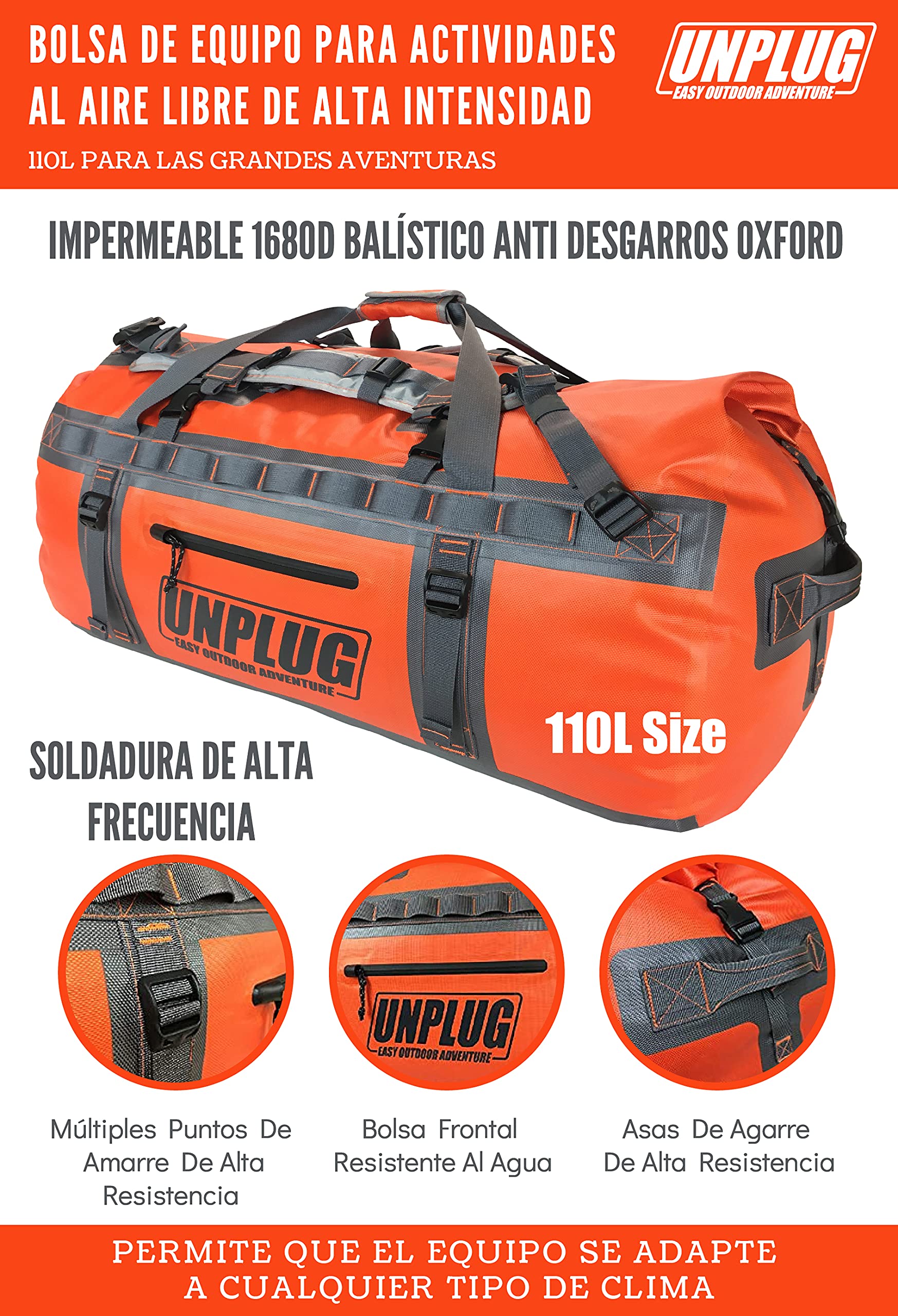 Unplug Ultimate Adventure Bag -1680D Bolsas Impermeables Viaje de Alta Resistencia para Camping, Bolsa Seca para Moto, Bolsas Impermeables para navegar, Mochila Impermeable, Duffle Bag táctica