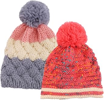 Arctic Paw Kids and Toddlers Chunky Cable Knit Beanie with Yarn Pompom CSet of 2