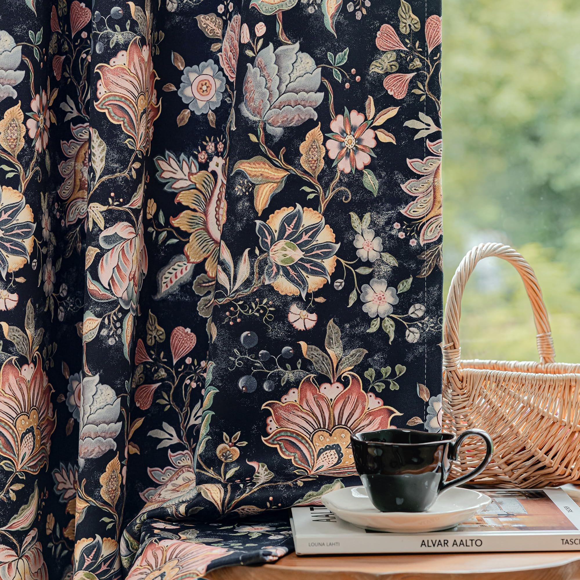 Fmfunctex Boho Floral Blackout Eyelet Curtains Black 52 x 84 Inch Drop Pair