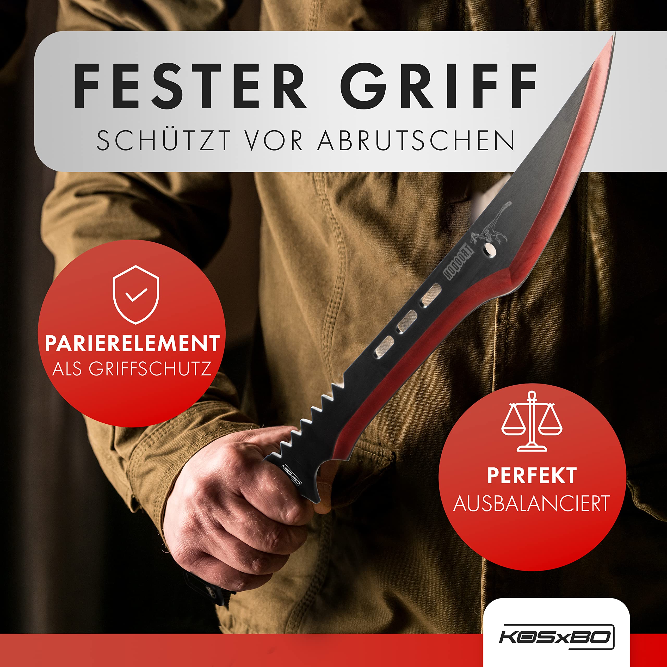 KOSxBO Machete mit roter Klinge Troodon Dinosaurier Edition - Gesamtlänge 63cm, Macheten mit Scheide, schwarz rot
