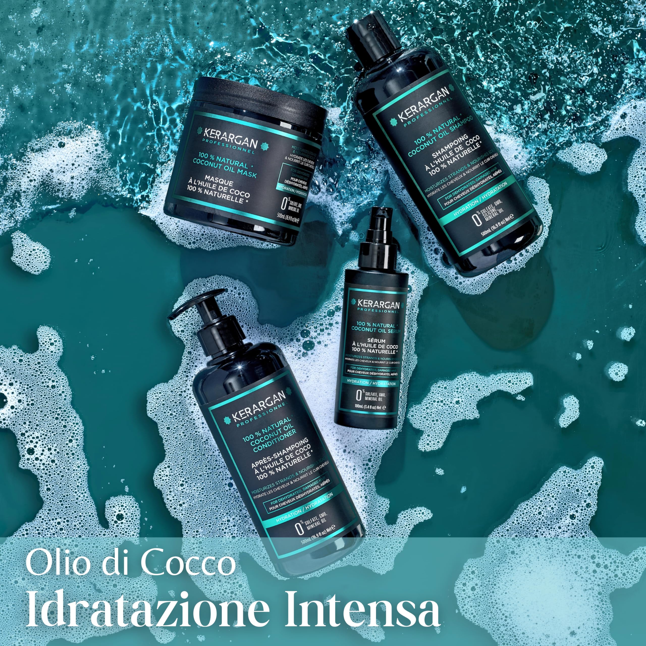 Kerargan - Trio Idratante Shampoo, Balsamo & Maschera all’Olio di Cocco - Idratazione Profonda per Capelli Danneggiati e Secchi - Senza Solfati, GMO, Silicone - 3x500 ml | Shampoo, balsamo e maschera al cocco, routine idratante completa per capelli secchi