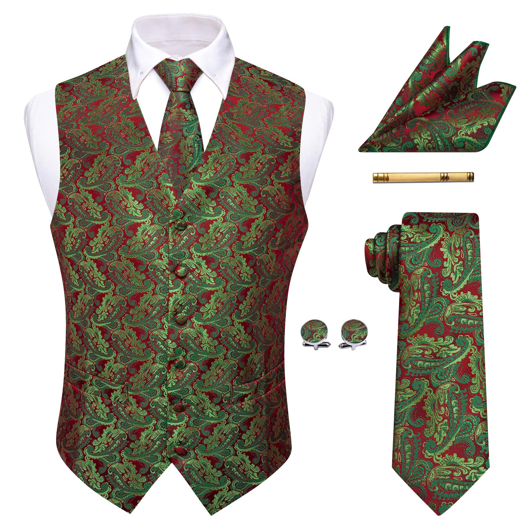 YourTies Mens Victorian Vest Tie Set Silk Paisley Suit Vests Formal Waistcoat Gothic Steampunk Vest with Notched Lapels, Red Green-1, XX-L