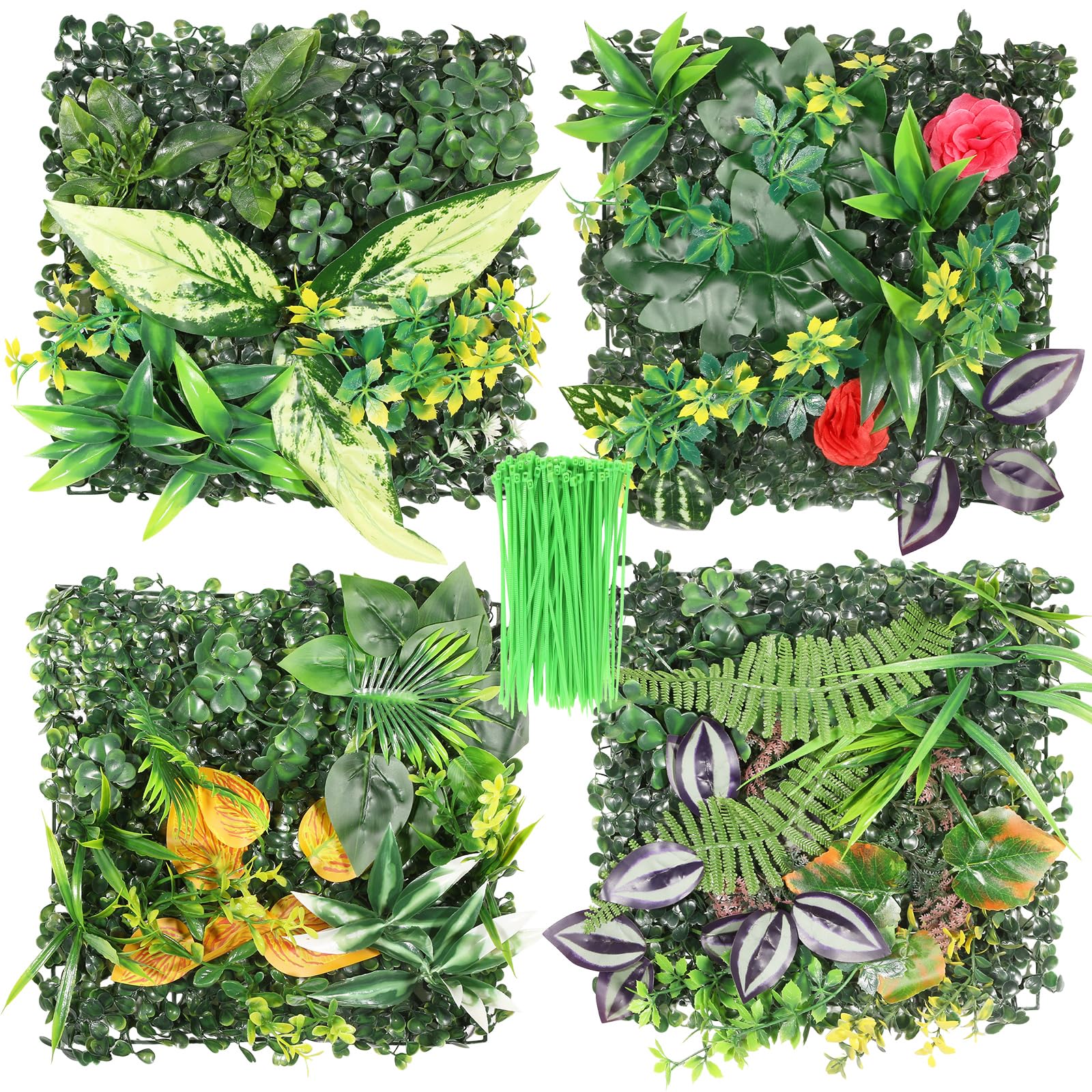 4pcs Artificial Plant Wall Panels, 25x25cm Mixed Design with 100 Cable Ties