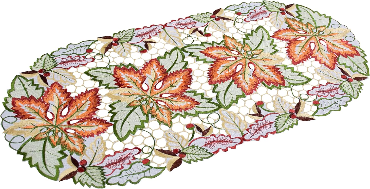 Fall and Autumn Cutwork Colorful Maple Leaf Table Runner, Dresser Scarf (14Wx27L)