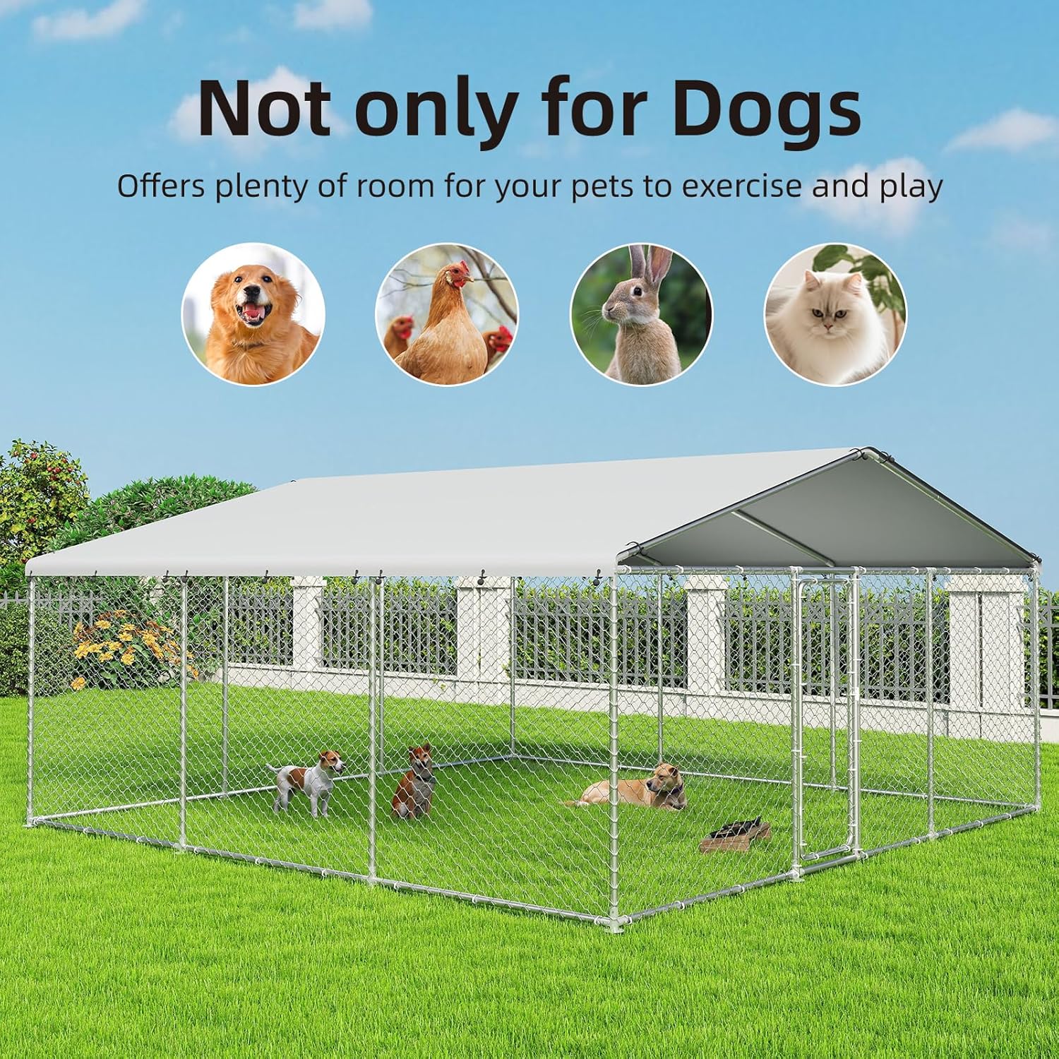 15.3x15.3 FT Outdoor Dog Kennel Outside with Metal Large Dog Cage, Outdoor Dog Pens with Roof, Heavy Duty Dog Kennel for Backyard Farm Use(183.1x183.1x83.1IN)