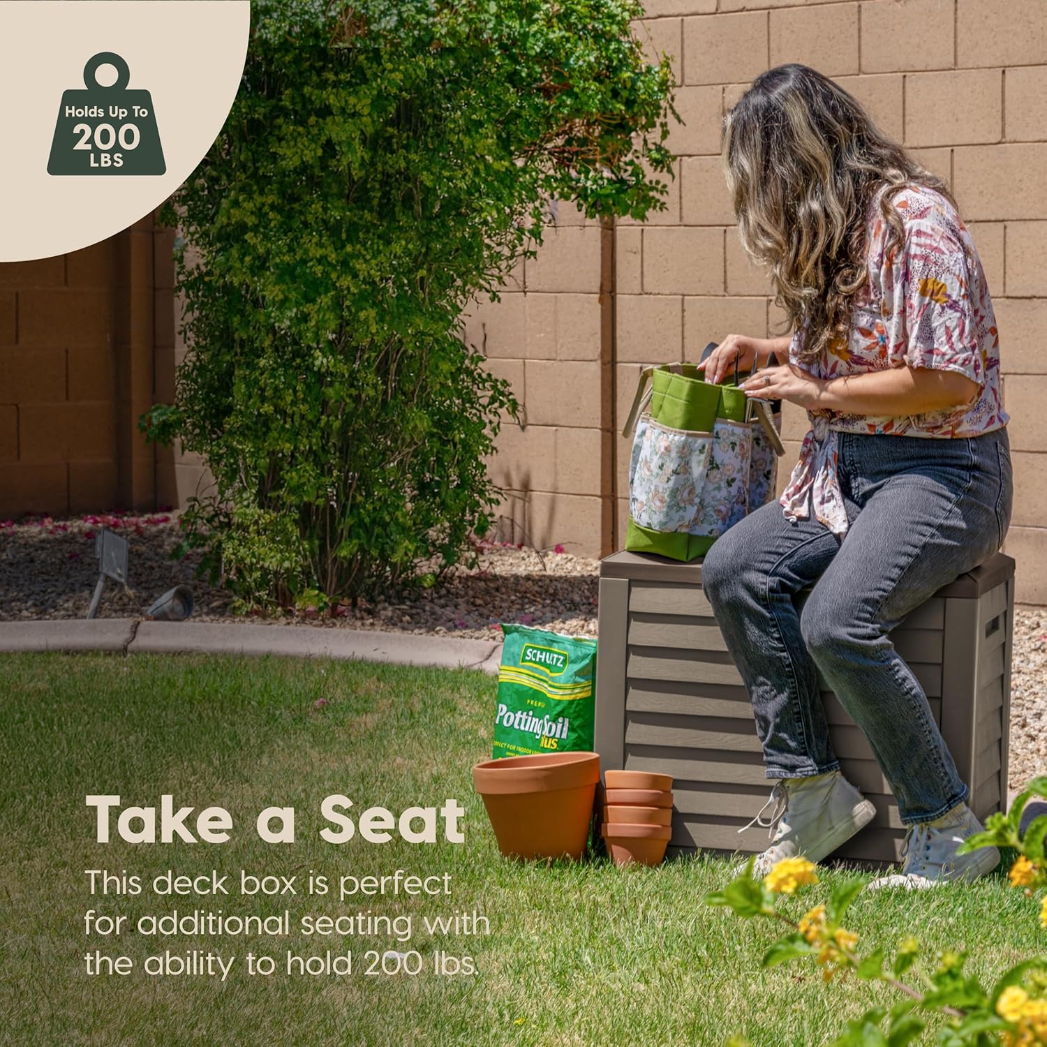 IRIS USA 35-Gallon Outdoor Deck Storage Box, Lockable & UV-Protected, Weather-Resistant Patio Storage for Cushions, Garden Tools & Packages, Waterproof Resin, Durable & Stylish Design - Brown