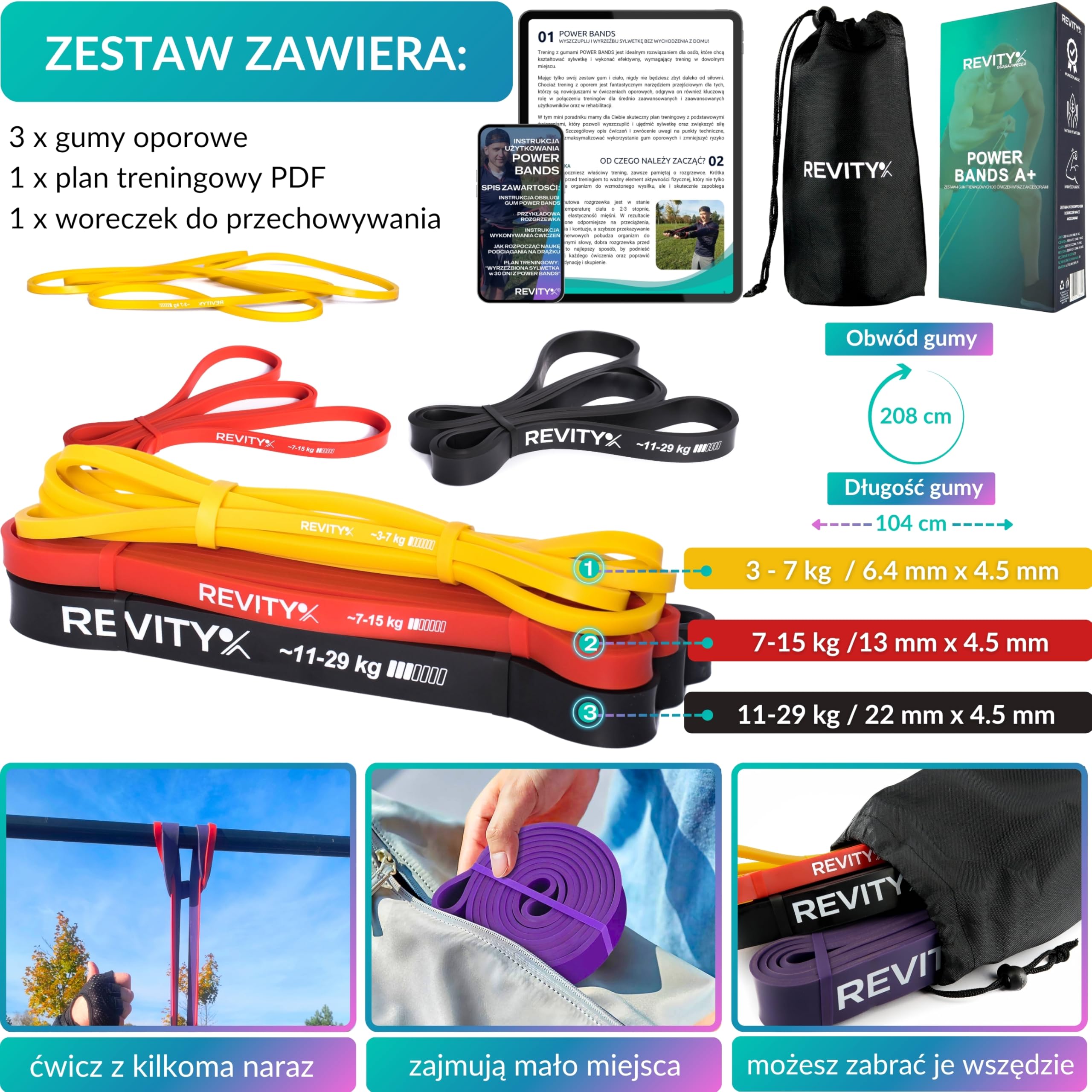 Gumy Oporowe - Zestaw 3 Gum do Ćwiczeń, Power Bands 3-29 kg | z Naturalnego Lateksu Wyjątkowo Trwałe, z Planem Treningowym PDF na 30 Dni, Instrukcją Ćwiczeń i Woreczkiem do Przechowywania