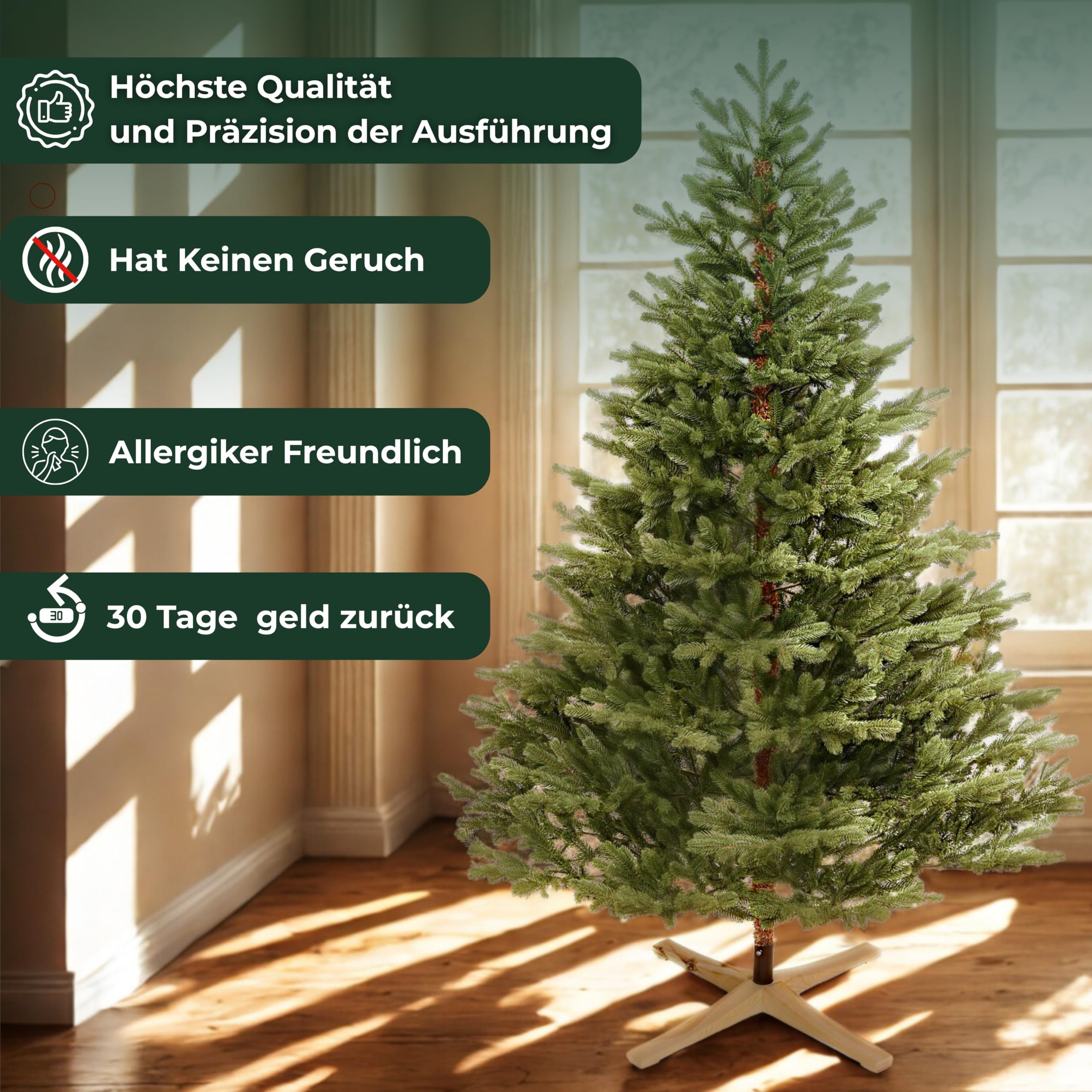 Premium Künstlicher Weihnachtsbaum 210 cm Scandinavian Spruce [100% Spritzguss] Tannenbaum Künstlich inkl. FSC zertifiziertem Holzständer I Christmas Tree Made in EU