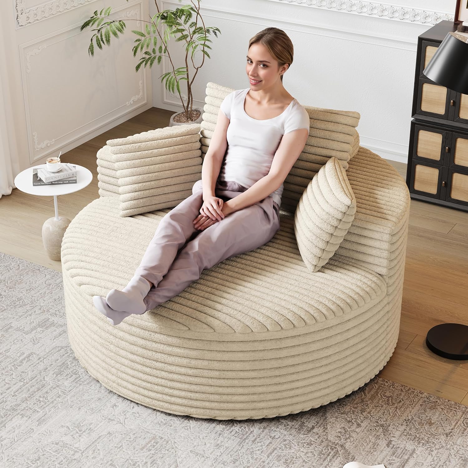 50" Round Chaise Lounge Chair Indoor with Curved Backrest, Corduroy Boneless Recliner Sofa with Thick Cushions, Cloud-soft Sleeper Chair with Cylindrical Head-pillow for Living Room Apartment, Beige