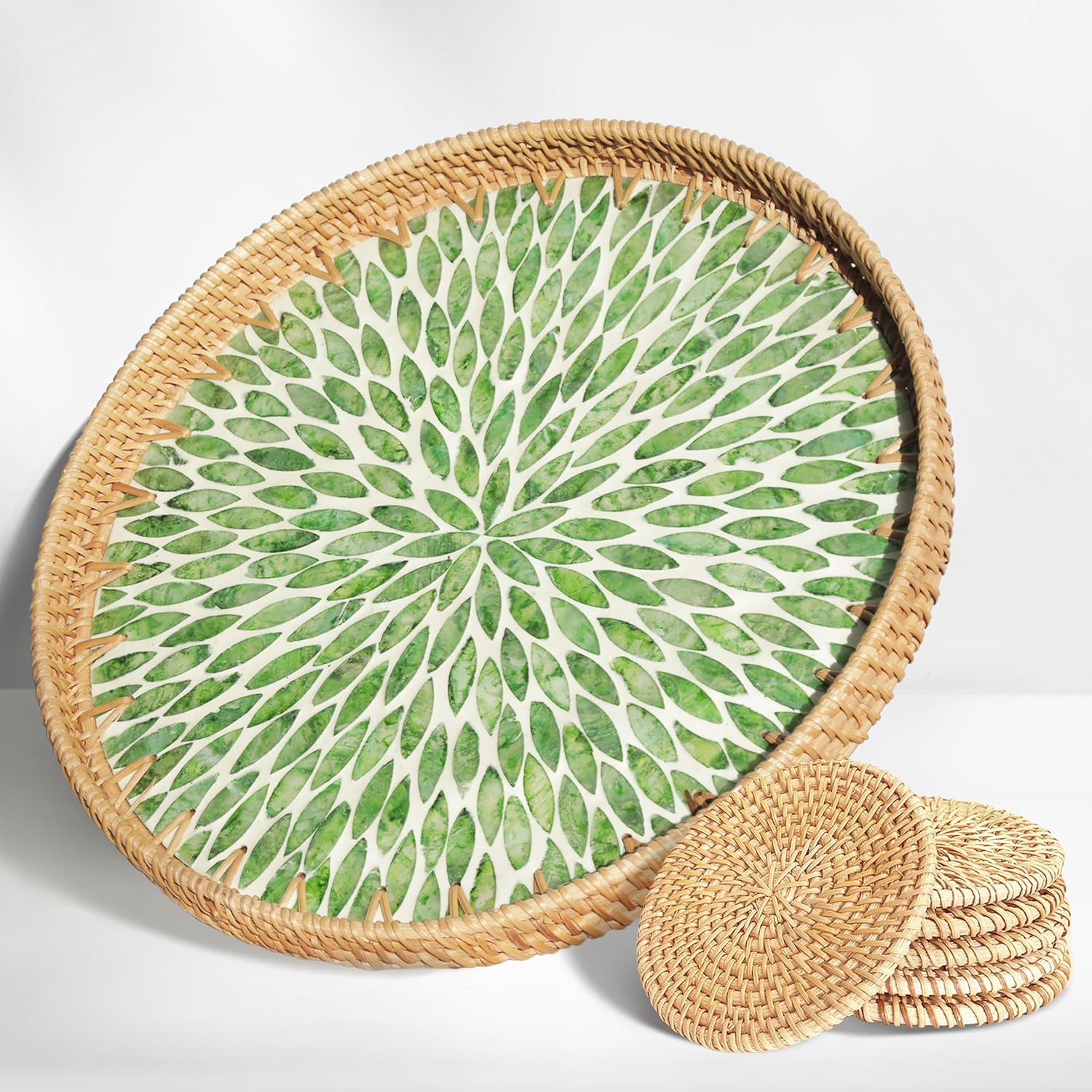 Round Rattan Tray with Mother of Pearl Inlay, 13.8in Decorative Wicker Serving Tray with Wooden Base, Includes 6 Matching Rattan Coasters, for Coffee Bread Fruits Table Decor, Green Leaf