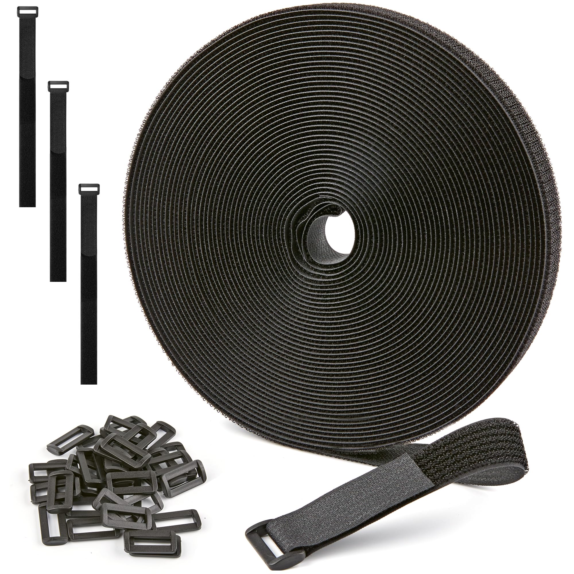 1" x 40ft Nylon Hook and Loop Cable Straps Roll with 50 Plastic Buckles - Reusable, Adjustable, Cut-to-Length for Organizing Cords, Wires &amp; Storage Solutions