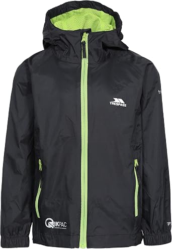 Trespass Kids Jacket Qikpac - Waterproof, Breathable, School Raincoat, 2 Zip Pockets, Full Zip, Adjustable Hood, Storm Flap, Ventilated Back, Lightweight, Packable
